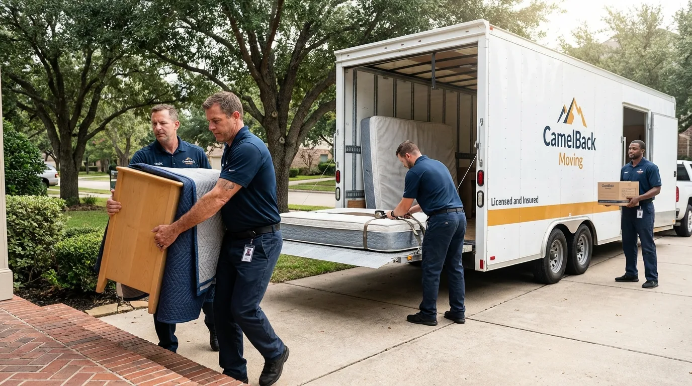 Crew loading residential truck for cross-state move from Bath, ME