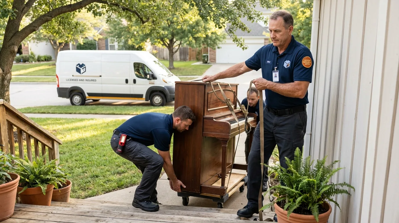 Licensed piano movers securing grand piano in Bath, ME