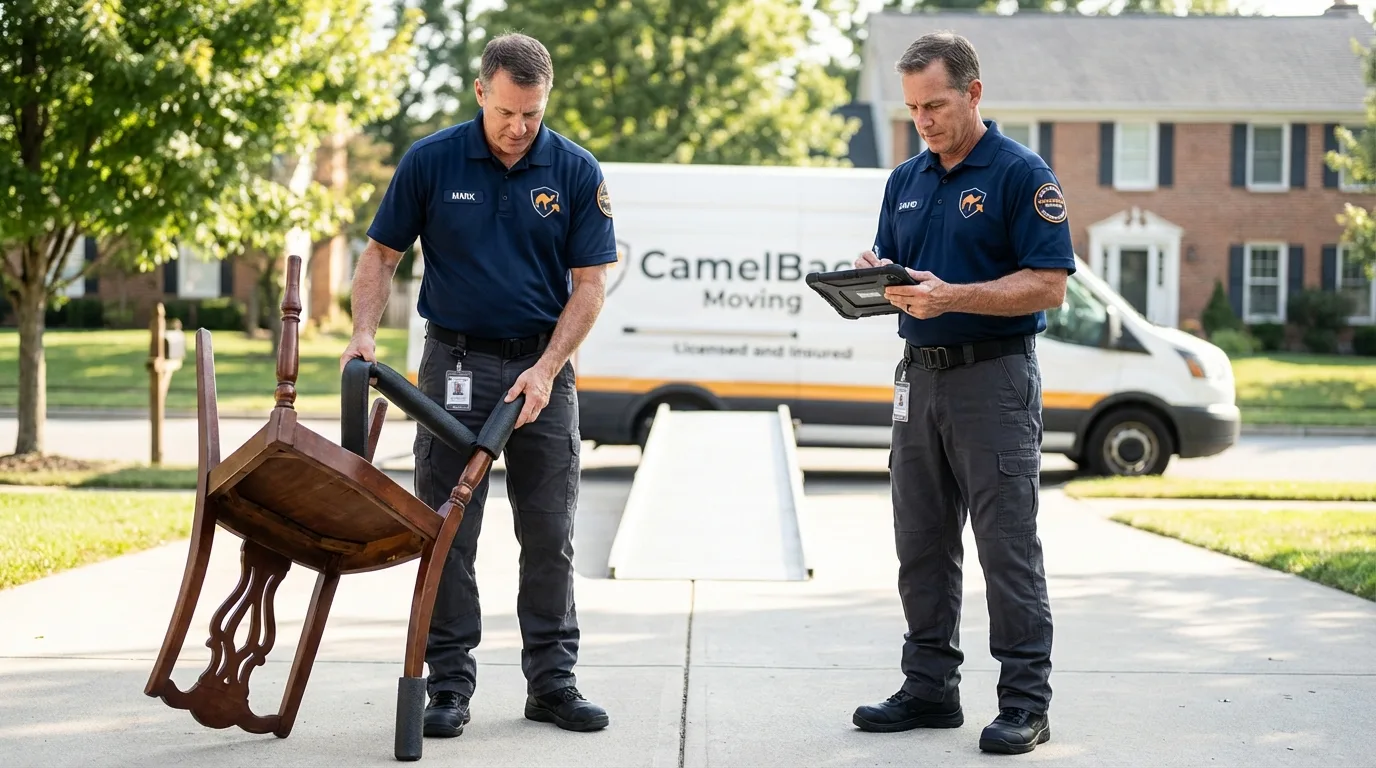 Movers inspecting furniture for damage prevention before loading in Bath, ME