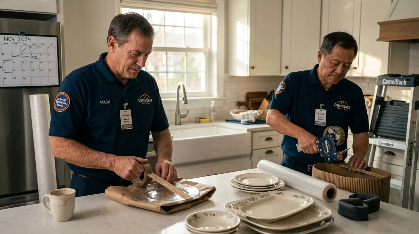 Professional crew packing kitchen dishware in Bath, ME